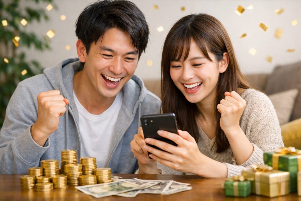 LINEポイントゲームで結果を確認して喜ぶ日本人カップルとコインのイメージ