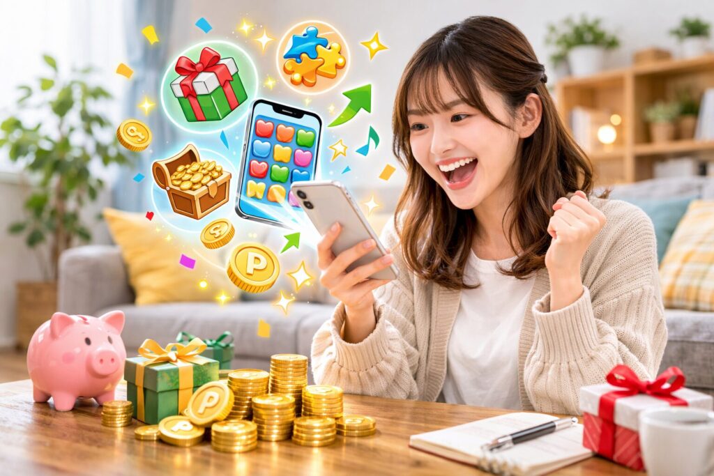 LINEポイントゲームでポイント獲得を楽しむ日本人女性とコイン演出のイメージ