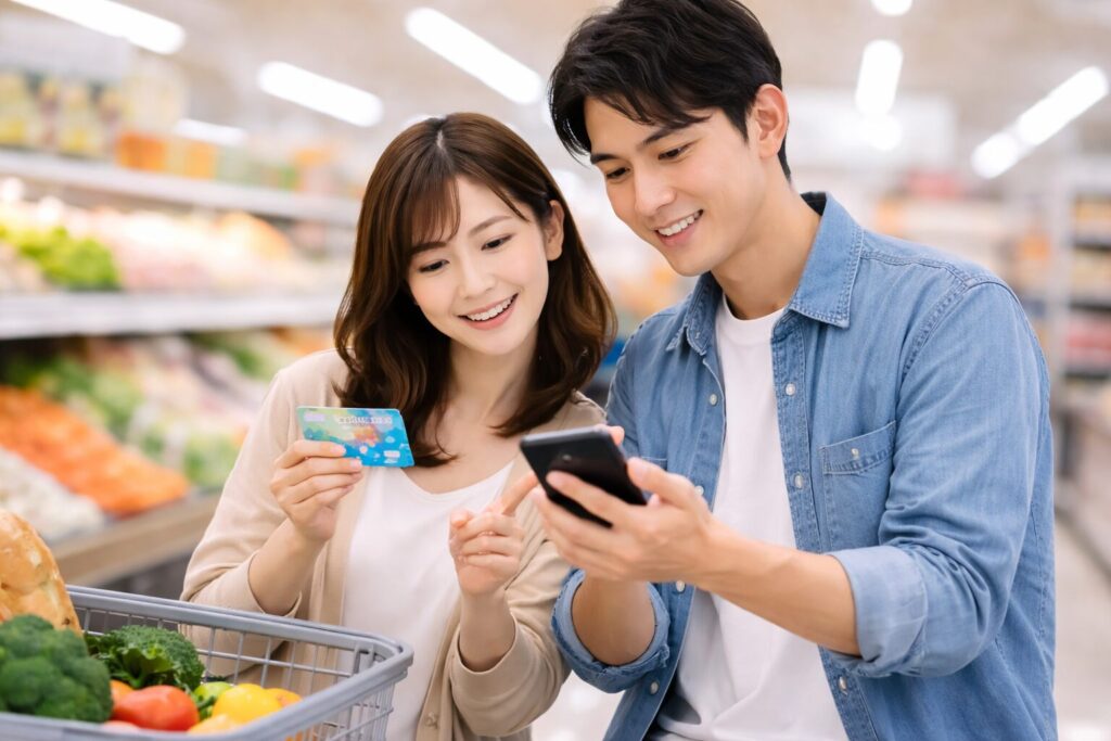 万代ポイントカードアプリで残高確認する夫婦のイメージ