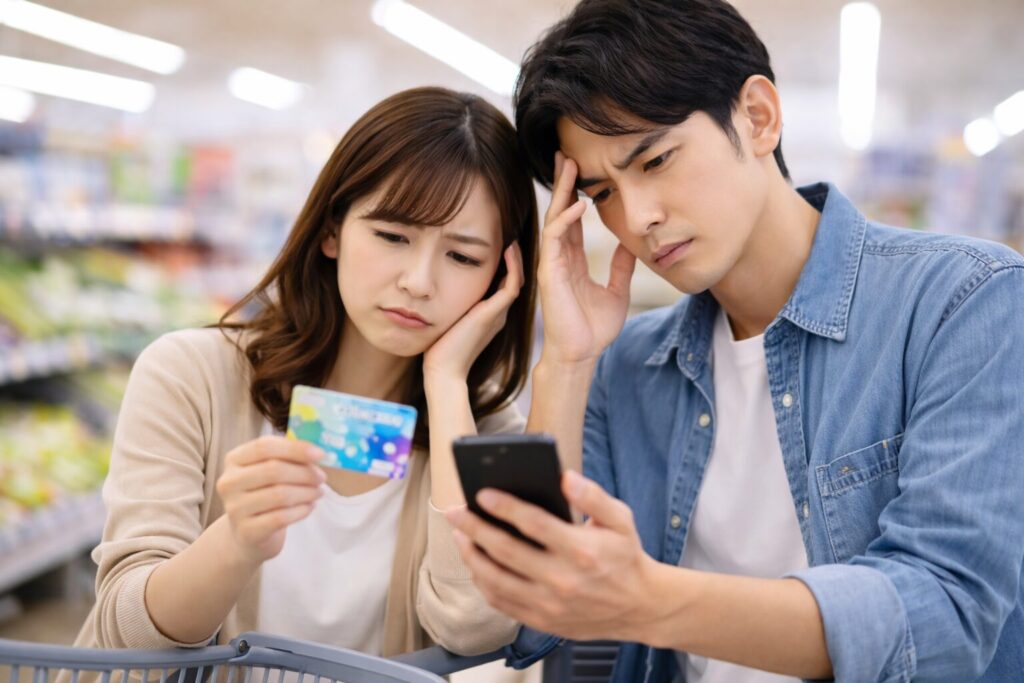 万代ポイントカードアプリにログインできず困る夫婦のイメージ