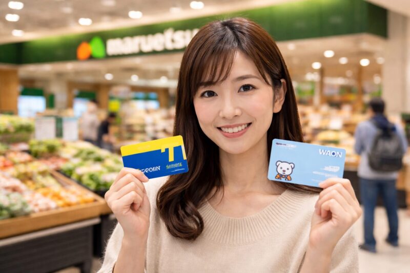 マルエツ店内でTポイントカードとWAONカードを持つ日本人女性