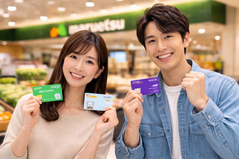 マルエツでWAONカードを持ち笑顔の日本人カップル