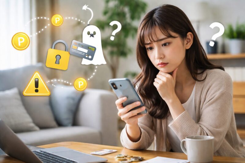 メルカリとdポイント連携の危険性に不安を感じながらスマートフォンを確認する日本人女性