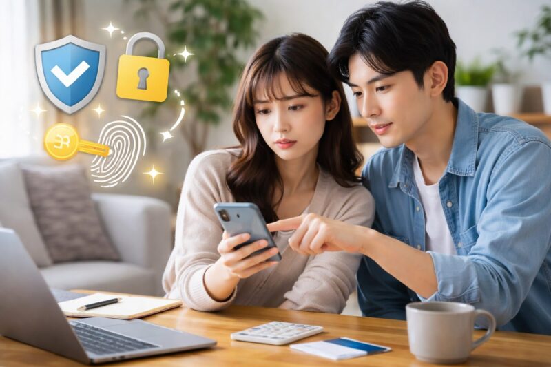 メルカリとdポイント連携の危険を避けるため安全設定を確認する日本人カップル