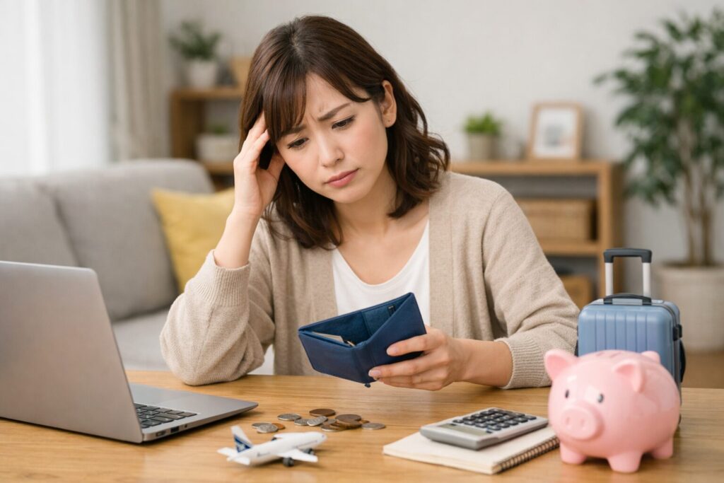 ポイントやマイルがたまらず不安そうに財布を確認する日本人女性のイメージ