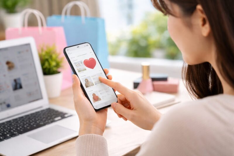 qoo10で商品をお気に入り登録する操作をする日本人女性