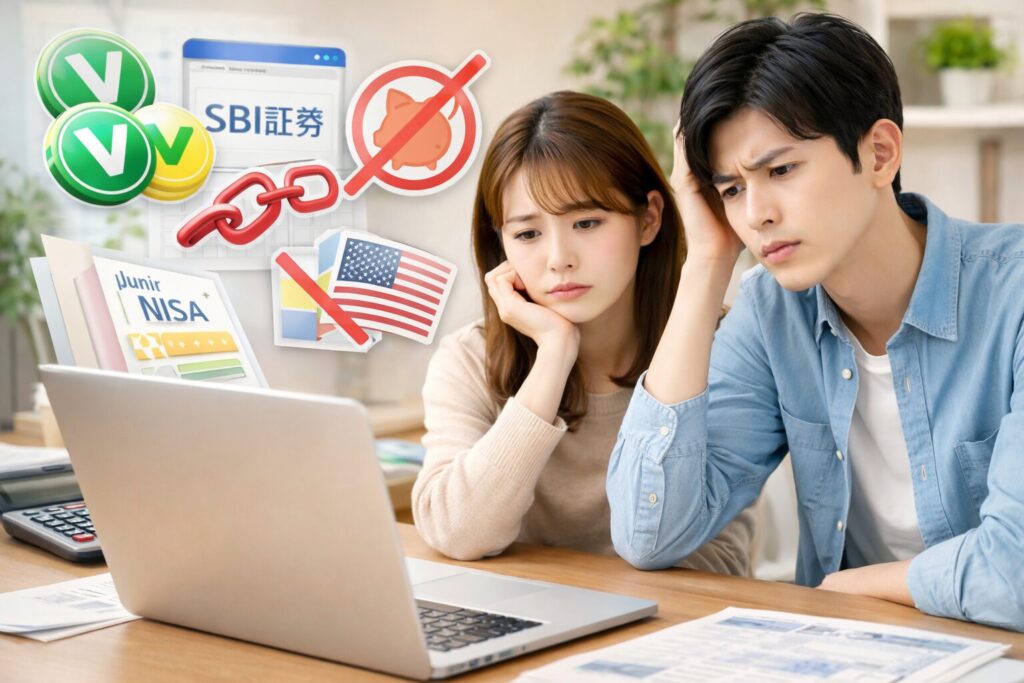 Vポイント投資のリスクやデメリットに悩む日本人カップルのイメージ