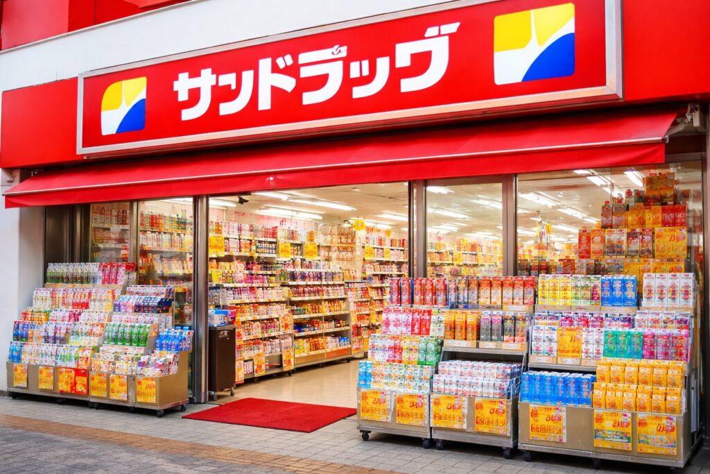 サンドラッグ店舗の外観と店頭商品陳列の様子