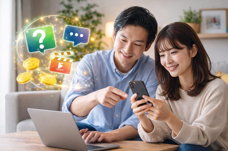 U-NEXTポイントの使い道を知恵袋感覚で相談する日本人カップル