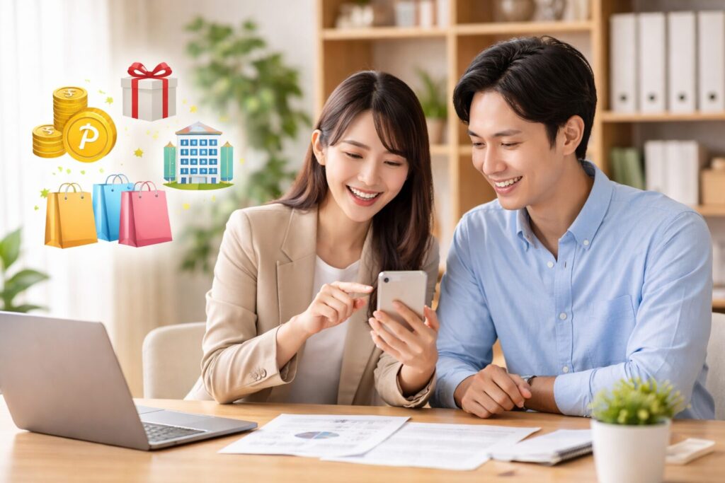 ウェルボックスのカフェテリアポイントをスマホで確認する日本人会社員