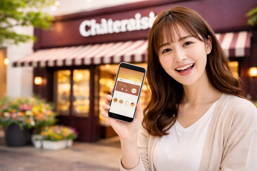 スマホのポイントアプリを使う日本人女性とケーキ店