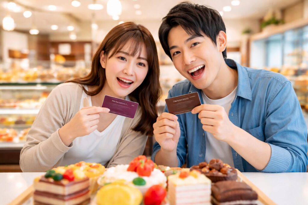 シャトレーゼでケーキを前にポイントカードを持つ日本人カップル