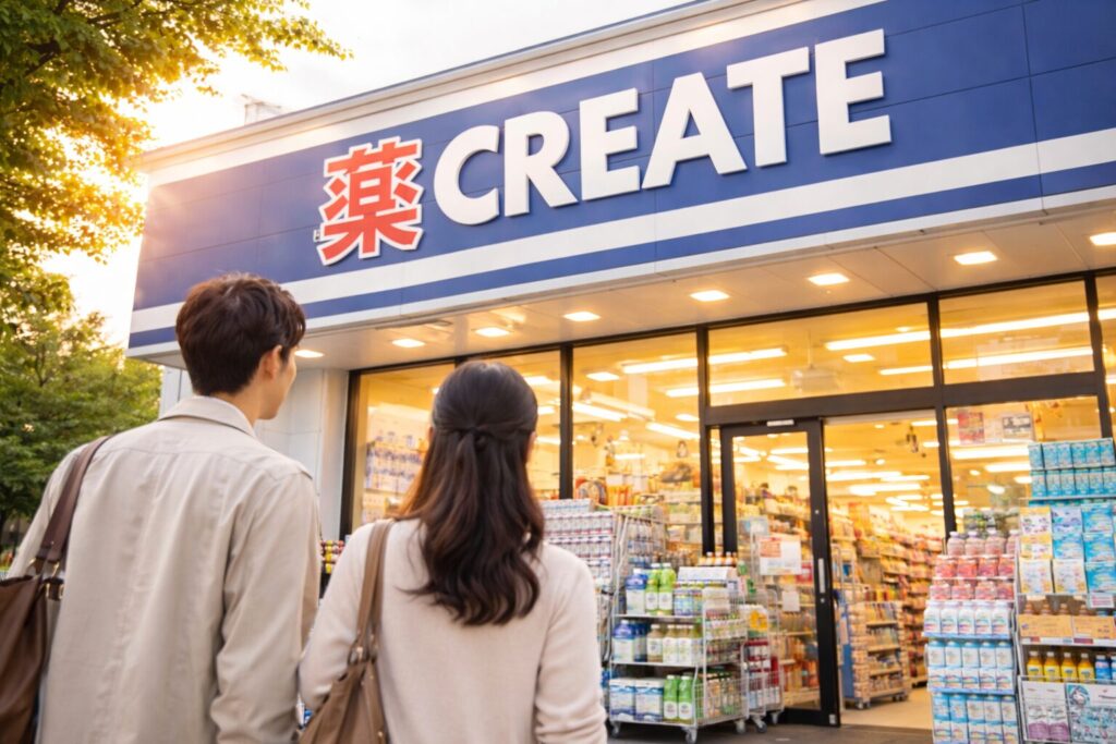 クリエイトSDドラッグストア店舗の外観を訪れる日本人カップル