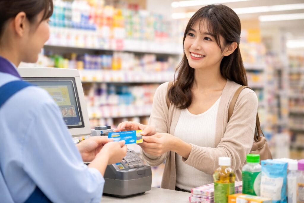 クリエイトのレジでおさいふhippoカードを使ってチャージや支払いをする日本人女性