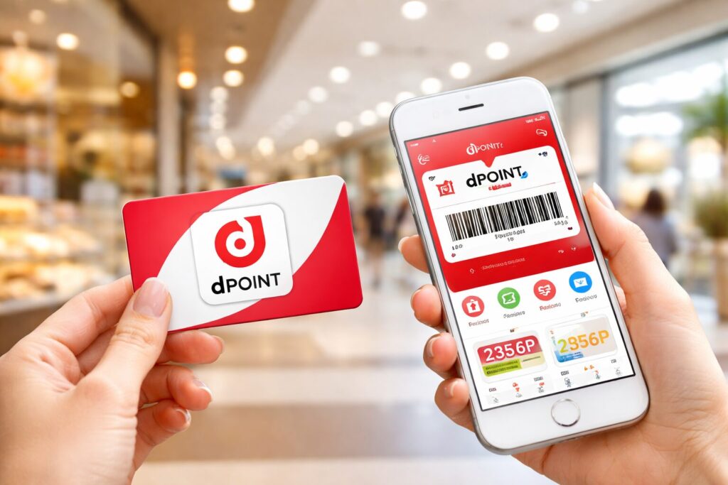 スマートフォンとポイントカードを使ってポイント管理をするイメージ