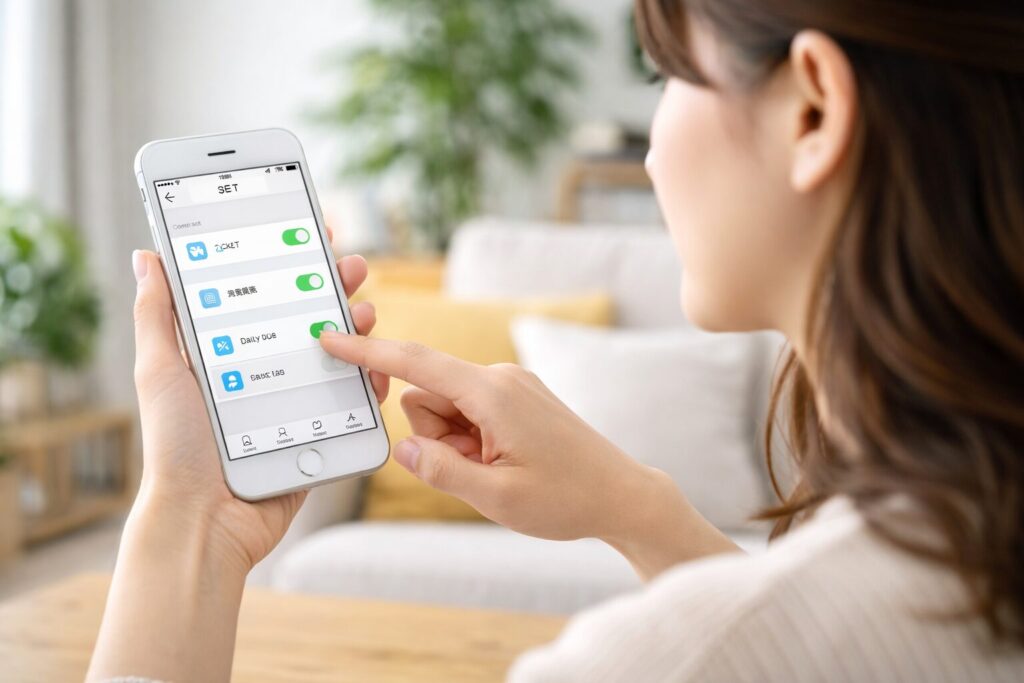 スマートフォンでポイントレシート設定を確認する日本人女性