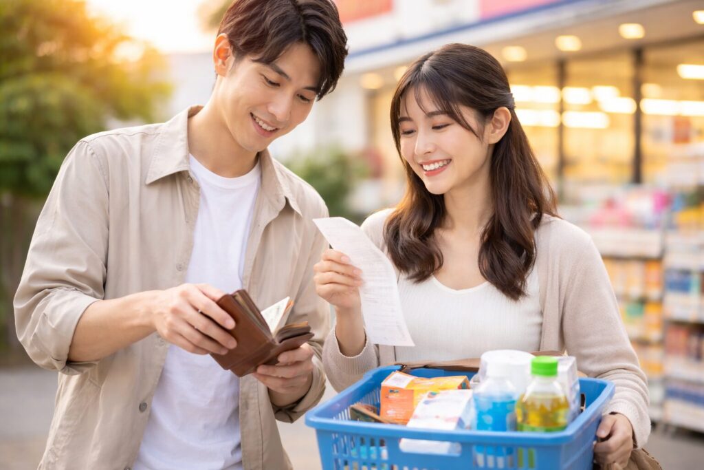 ドラッグストアで買い物後にレシートと財布を確認する日本人カップル
