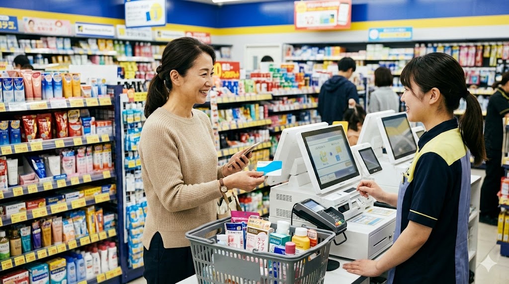 マツキヨでポイントカードを提示して支払いする日本人女性