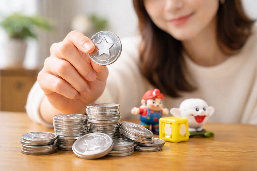 マイニンテンドープラチナポイントをイメージしたコインとゲームキャラクターのフィギュア