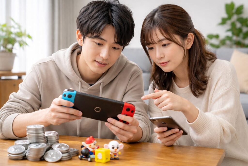 マイニンテンドープラチナポイントの使い道を確認しながらNintendo Switchを操作する日本人男女