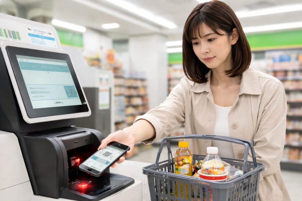 NewDaysのセルフレジで、JRE POINTアプリのバーコードを読み取り機にかざしてポイント付与の手続きをする女性。