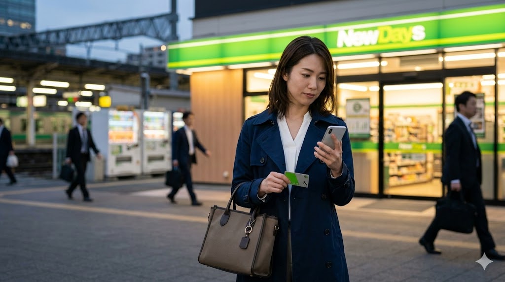 夜の駅ホームにあるNewDaysの店舗前で、スマートフォンとSuicaを手にポイント履歴を確認する女性。