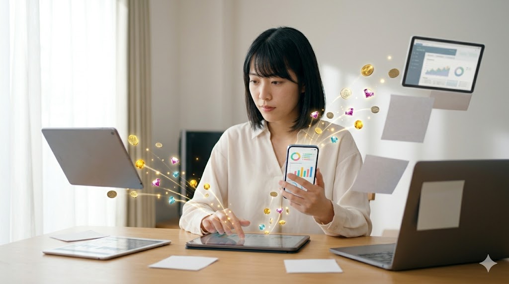 プレイオでポイ活をしながらスマホとタブレットを操作する日本人女性