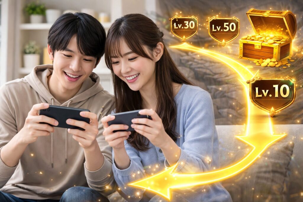 レベル上げの進行イメージと報酬を表すポイ活の成長ルート