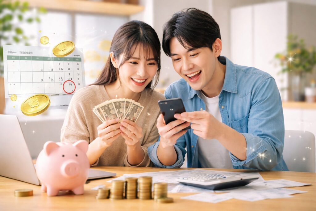 スマホでポイントや節約状況を確認して喜ぶ日本人カップルのポイ活イメージ