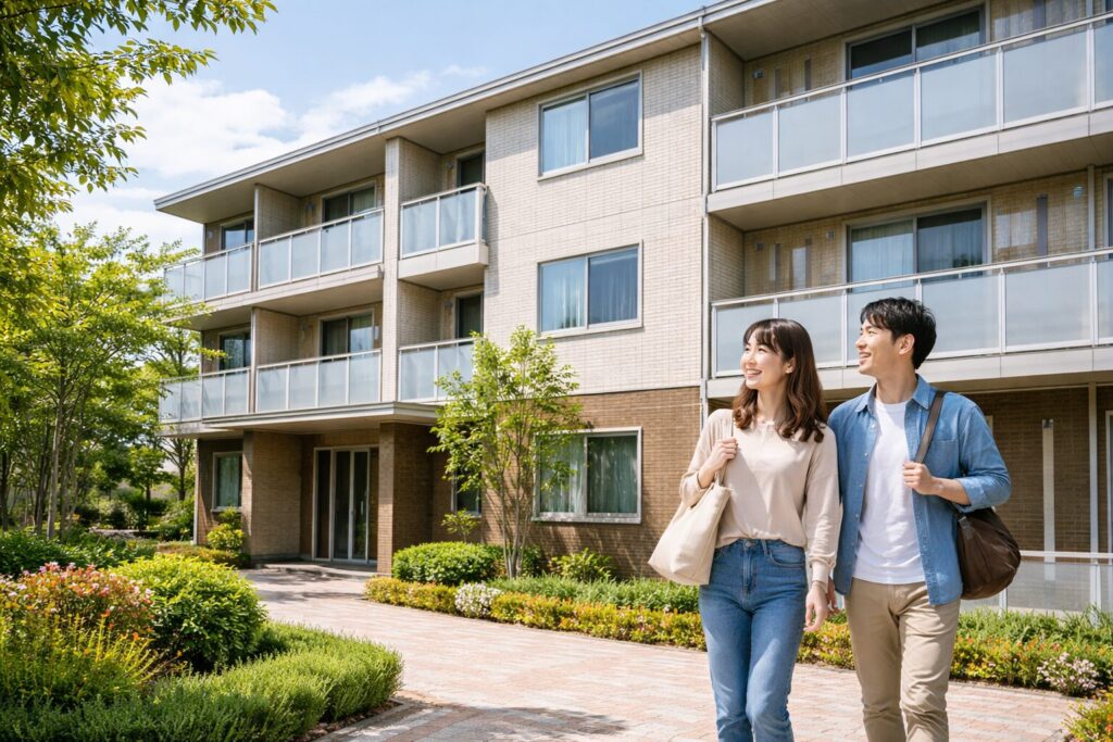 シャーメゾンの賃貸住宅の前を歩く日本人カップル