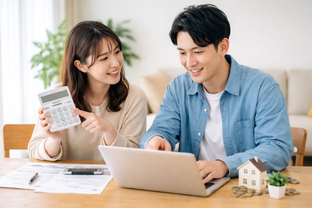 シャーメゾンポイントの使い道を確認しながら退去費用を計算する日本人カップル