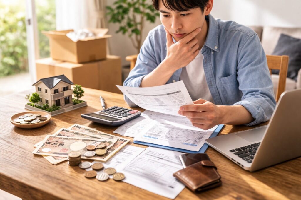 退去費用の明細を確認して支払い額を考える日本人男性