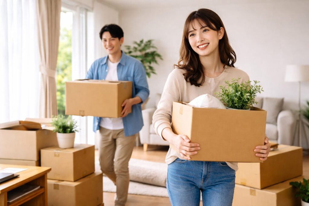 退去のため荷物を運び引っ越し準備をする日本人カップル