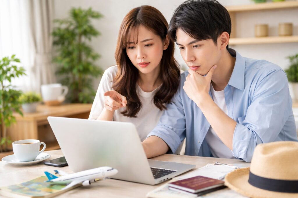 Vポイントでソラシドエアに交換できない原因を調べる日本人カップル