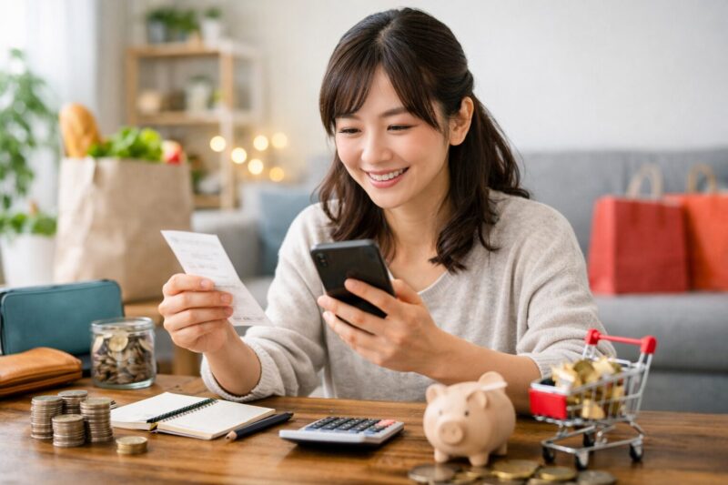 テーブルの上でレシートとスマホを持ち、笑顔でレシートポイ活をする日本人女性の画像。周りには貯金箱や小銭、買い物袋があり、家計管理やポイント集約のイメージを表現。