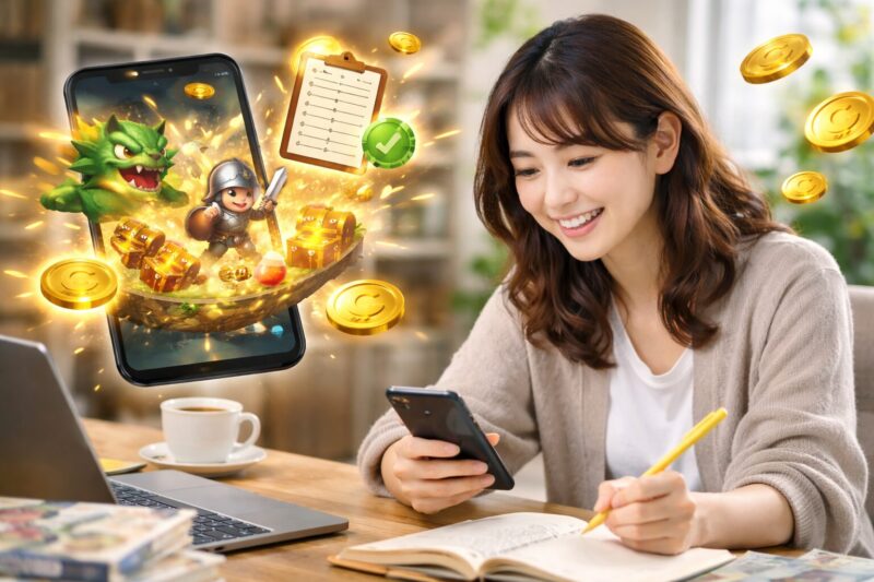 スマホでゲームを遊びながらポイ活を進める日本人女性のイメージ