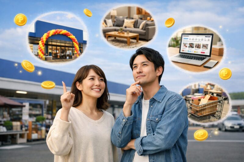 ナフコの店舗前でポイント10倍デーのタイミングを考える日本人カップルの様子