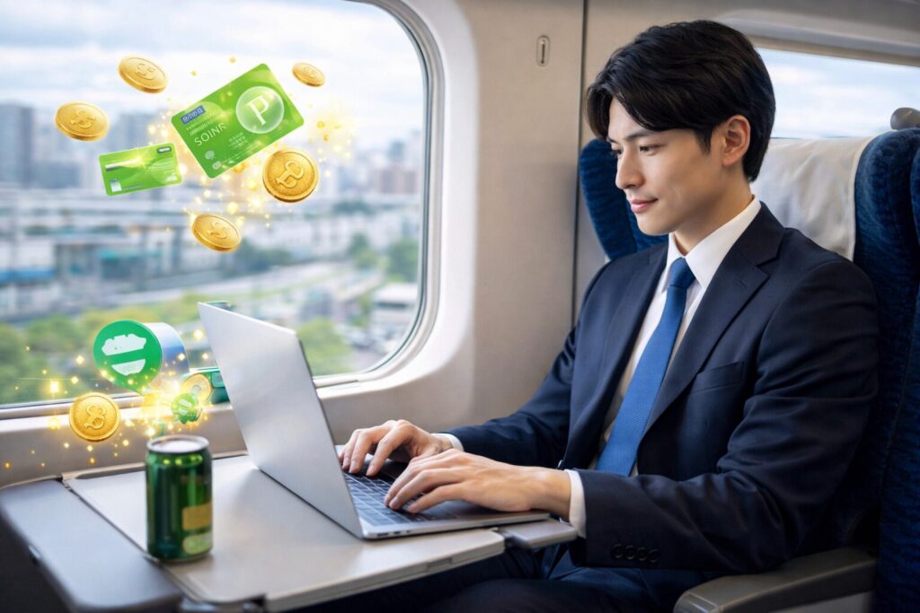 東海道新幹線の車内で作業する日本人ビジネスマン