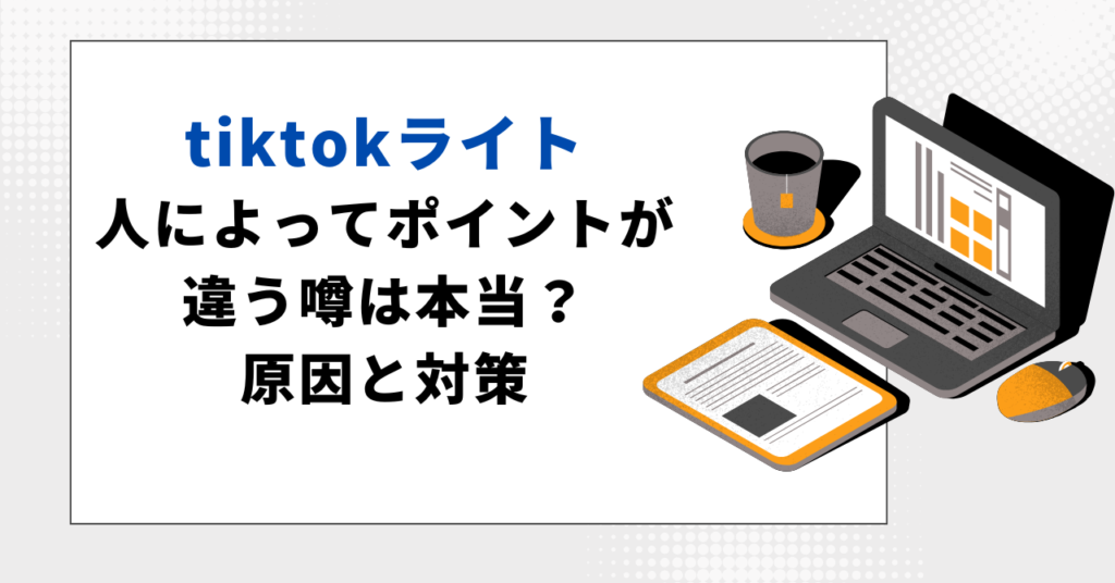 「tiktokライト 人によってポイントが違う噂は本当? 原因と対策」という記事タイトルと、ノートパソコンやクリップボードが置かれたデスクのイラスト。記事のアイキャッチ画像。