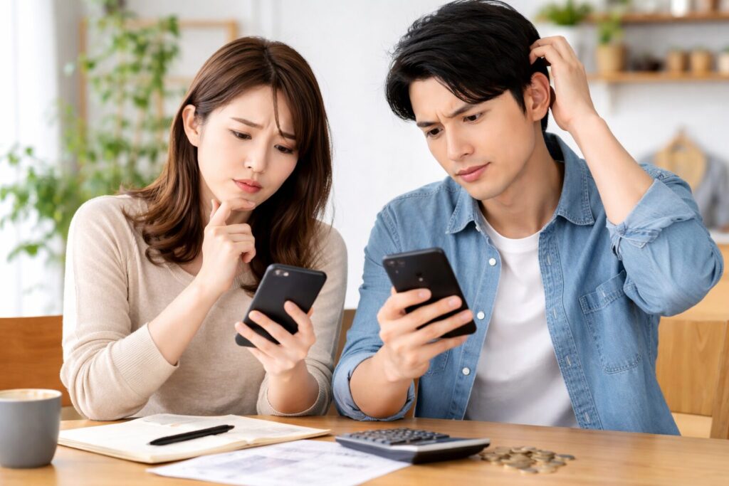 dポイント5つ星が難しいと悩みながらスマホでポイント状況を確認する日本人男女