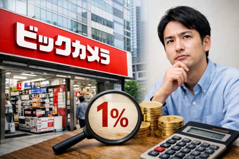 ビックカメラの店舗前でポイント1%表示を確認し、還元率を計算するイメージ