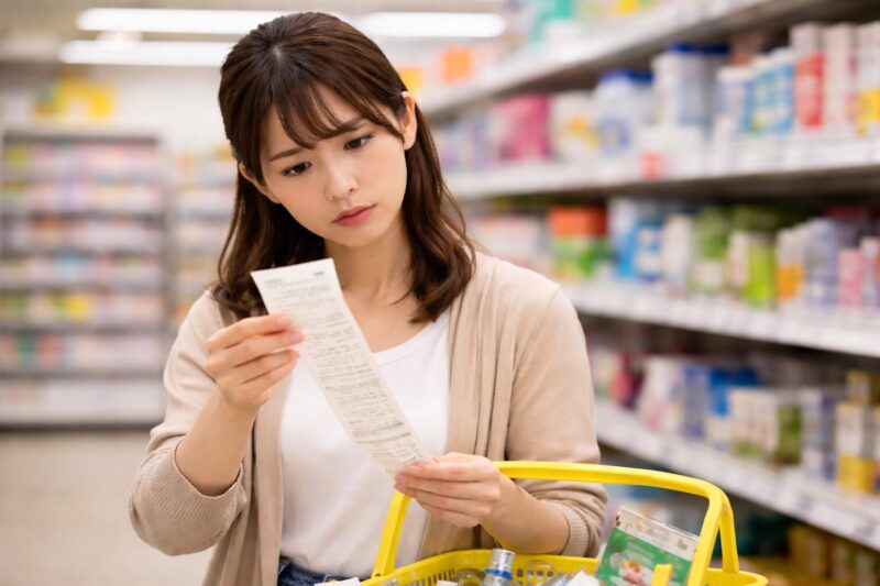 ドラッグストアで買い物後にレシートを見てポイントが付いていない理由を確認する日本人女性
