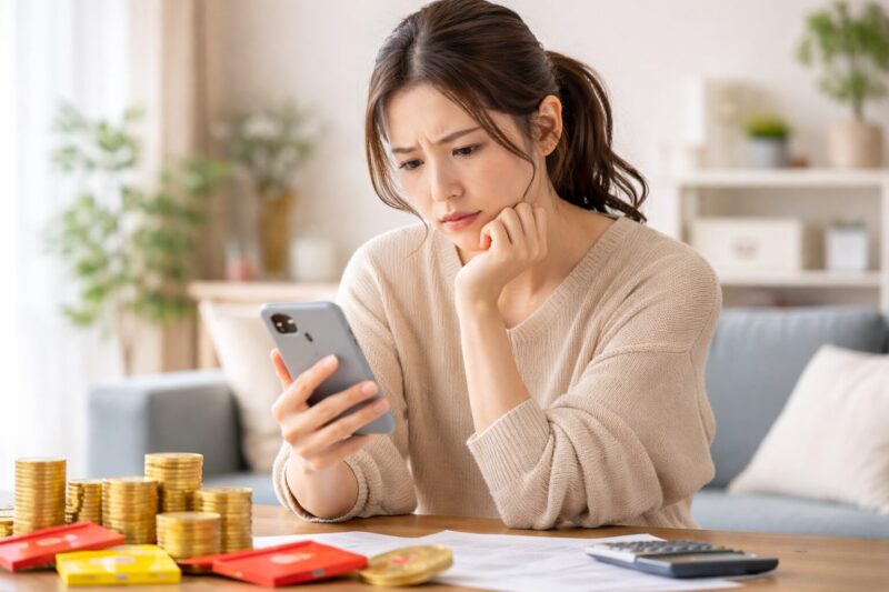 楽天利息プラスポイントの設定や税金が分からずスマホを見て悩む日本人女性