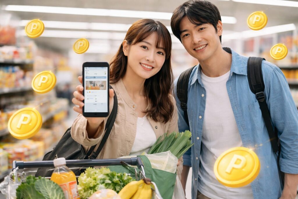 日本人夫婦がスマホ決済を利用しポイントが貯まるイメージ