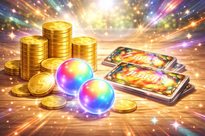 ドカバトのガチャポイントや交換チケットをイメージしたコインと玉の演出