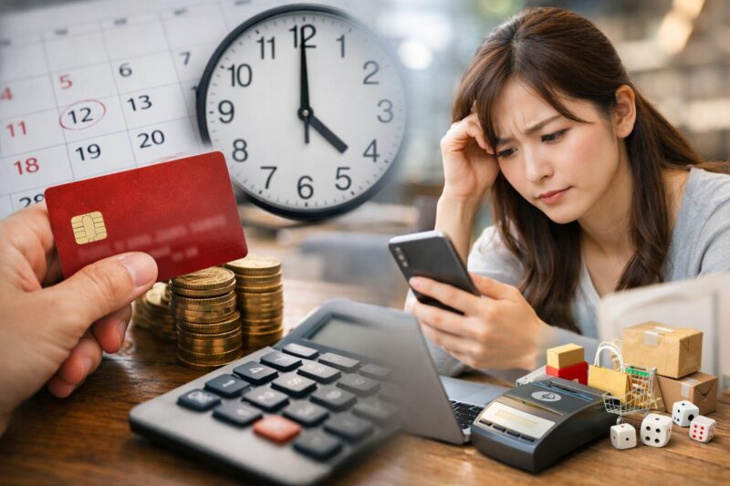 エポスカードのポイントが支払いに充当できずスマホを見て悩む日本人女性のイメージ