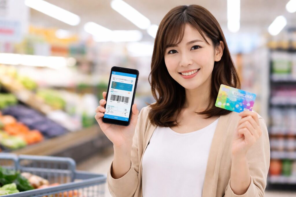 万代ポイントカードアプリを使う女性のイメージ