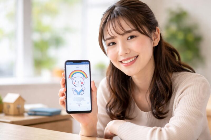 マイナポイントアプリのイメージとスマホを持つ日本人女性