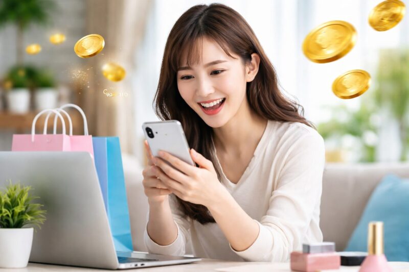 qoo10のお気に入り登録でポイント獲得に喜ぶ日本人女性