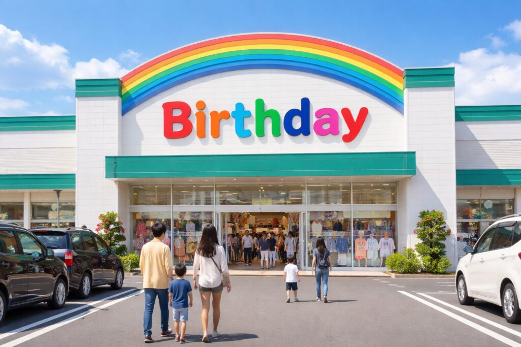 バースデー店舗に入る家族連れの様子と大型店舗外観